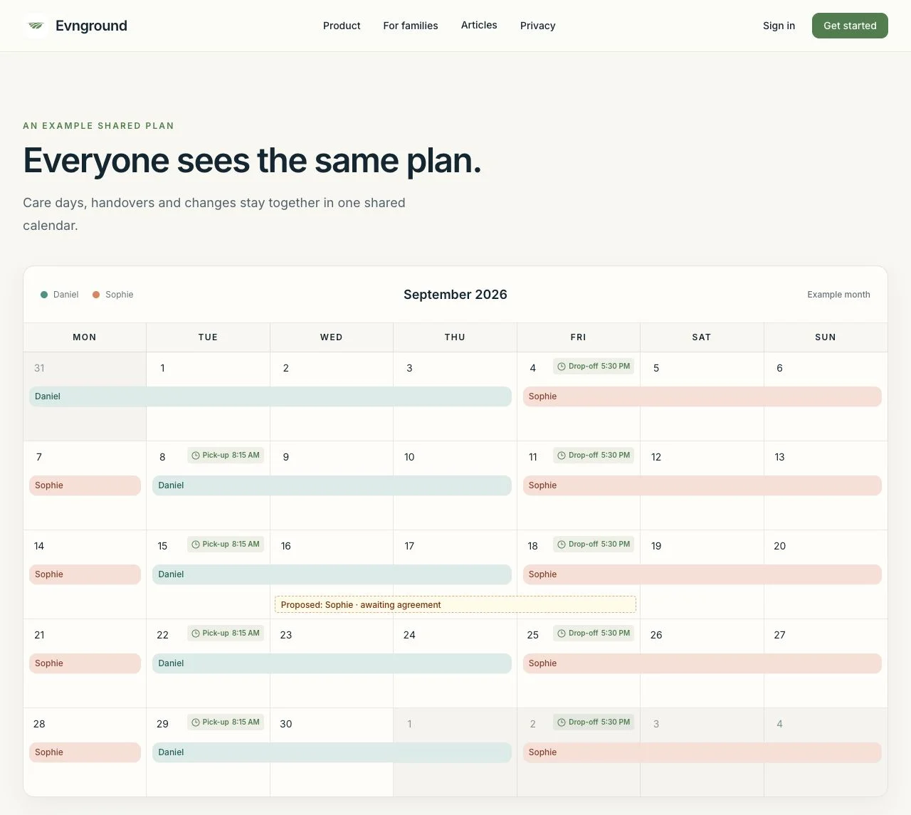 Evnground's public example calendar showing shared care days, handovers, and a proposed schedule change