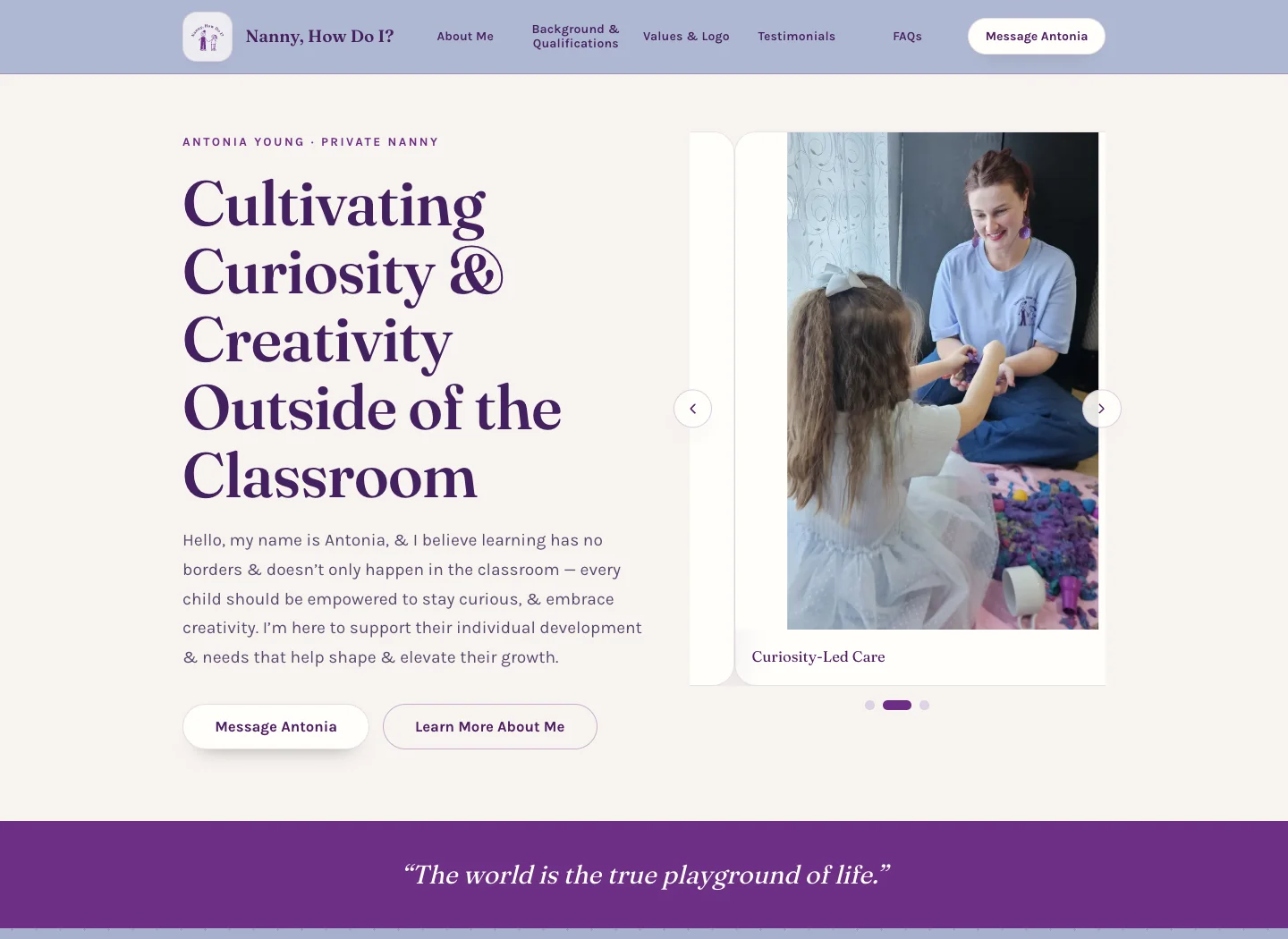 Nanny, How Do I? homepage with purple typography, childcare photography, and a Message Antonia enquiry button